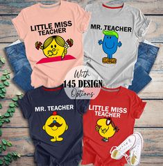 three t - shirts with the words little miss teacher on them