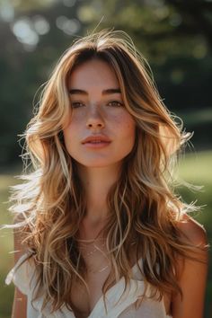 Portrait of a young woman with sunlit wavy hair and freckles, looking softly towards the camera against a blurred natural background. Kendall Hair, Brunette Bayalage, Hair Color Ideas Summer