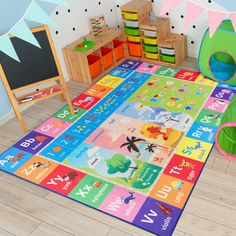 a child's play room with toys and rugs