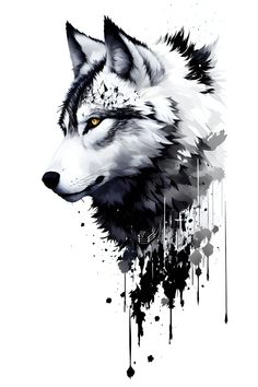 a black and white drawing of a wolf's head with paint splatters