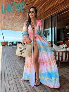 SPECIFICATIONS Material: Polyester Pattern Type: Print Style: Beach Style Age: 25-34 Fit: Fits true to size, take your normal size Cover Up Sleeve, Coverup Swimsuit Cover, Beach Tunic Dress, Beach Outfit For Women, Loose Summer Dress, Coverup Swimsuit, Backless Dress Summer, Beach Tunic, Long Kaftan