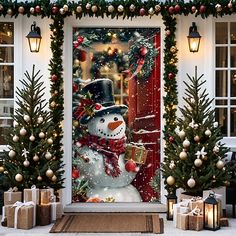 a snowman is standing in front of a christmas door