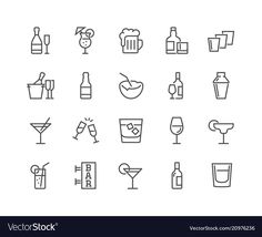 the line icons for drinks and beverages are shown in this image, which is also available on