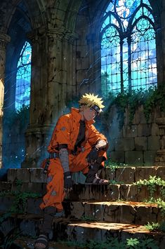 an anime character sitting on some steps in front of a window with ivy growing all over it