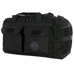 a black duffel bag with two pockets on the front and one pocket in the back