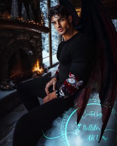 a man sitting in front of a fire place with an angel wings on his arm