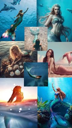 the mermaids are all different colors and sizes, but one is in the water