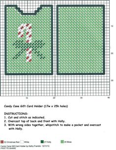 a cross stitch pattern with the words candy cane gift card holder in red and green