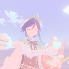 an anime character with long hair holding a bow and arrow in front of the sky