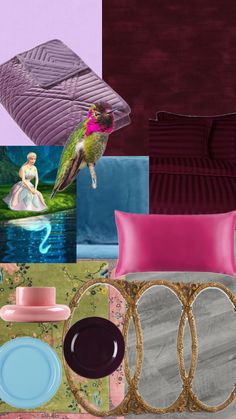 there is a collage of different items in the image, including pink and purple