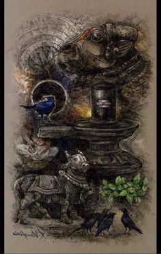 an artistic drawing of a fountain with two birds on it and another bird in the background