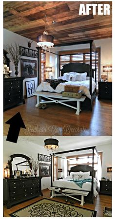 before and after photos of a bedroom makeover with black furniture, white bedding and wood floors