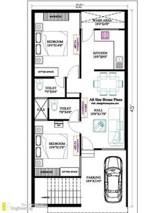 the floor plan for a two bedroom house with an attached garage and living room area