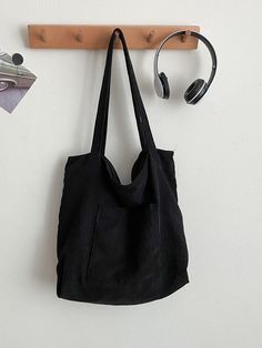 Black Fashionable Collar  Polyester Plain Shopper Bag Embellished   Women Bags Minimalist Tote Bag, Minimalist Tote, Bag Minimalist, Fashion Tote Bag, Zipper Tote Bag, Back To School Shopping, Zippered Tote, Mua Sắm, Shopper Tote