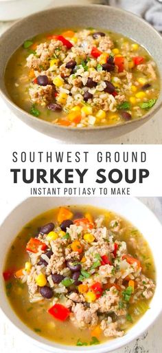 Ground turkey soup with black beans in a gray bowl. Turkey Quinoa Soup Recipes, Instant Pot Ground Turkey Soup, Ground Turkey Rice Soup, Ground Turkey Soup Recipes Crock Pots, Ground Turkey Soup Recipes Healthy, Ground Turkey Recipes Instant Pot