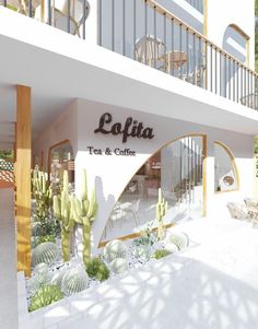 an artist's rendering of the outside of a cafe with cactus and succulents