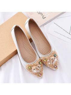 Silver Elegant,Glamorous,Fashionable Collar   Animal  Embellished   Women Shoes Wedding Ballerina, Sparkly Flats, Autumn Shoes Women, Rhinestone Pumps, Rhinestone Wedding, Womens Ballet Flats, Ballerina Shoes, Pumps Flat, Perfect Shoes