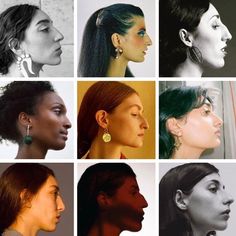 multiple images of different types of women's face and ear shapes, all with earrings on them