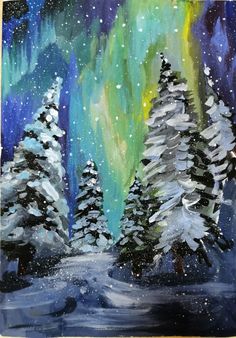 an acrylic painting of trees and the aurora bore