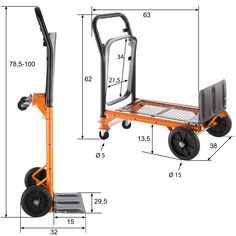 an orange hand truck with wheels, and the measurements for each wheel is shown in this diagram