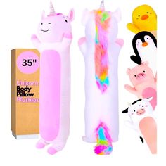 the unicorn body pillow is pink and has an image of penguins, ducks, and penguinies on it