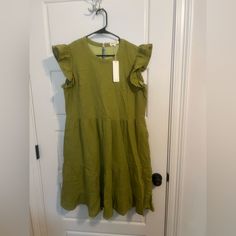 Tiered Flutter Sleeve Dress From Roolee. Perfect For Summer! Loose Fit, Knee Length. Color Is Somewhere Between Lime/Citron And Olive. Button Closure On The Back. Nwt. Never Worn. Spring Tiered Flutter Sleeve Dress With Ruffle Hem, Spring Tiered Dress With Ruffle Hem And Flutter Sleeves, Casual Tiered Dress With Flutter Sleeves And Ruffles, Casual Flowy Ruffle Dress With Flutter Sleeves, Casual Tiered Dress With Flutter Sleeves For Brunch, Green Flutter Sleeve Summer Dress, Casual Tiered Dress With Flutter Sleeves, Green Ruffle Sleeve Mini Dress For Spring, Green Flutter Sleeve Mini Dress With Ruffles