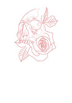 a drawing of a rose with leaves and a skull on it's side, in red ink