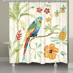 a colorful parrot sitting on a tree branch with tropical flowers and leaves shower curtain set