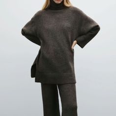 Heathered Brown Zara Turtleneck Long Sleeve Tunic Sweater Long Knit Sweater With High Collar And Long Sleeves. Side Vents At Hem. Zara Turtleneck Sweater For Fall, Oversized Zara Sweater For Work, Zara Oversized Sweater For Workwear, Zara Oversized Sweater For Work, Zara Fine Knit Sweater For Fall, Chic Zara Knit Top For Fall, Zara Sweater For Fall Loungewear, Zara Knit Top For Layering, Elegant Zara Knit Top For Winter