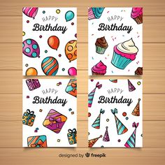 three birthday cards with cupcakes, balloons and gifts on wooden background illustration by freepix