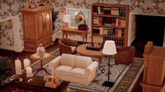 a living room filled with furniture and bookshelves