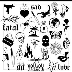 various tattoos are shown in black and white, with the words fatal written on them