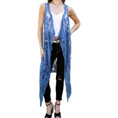 Add a touch of romance to your wardrobe with our Floral Lace Boho Cardigan Vest, featuring a charming bohemian design that can be effortlessly layered over your favorite tops and dresses. Crafted from lightweight and breathable fabric, this vest showcases intricate mesh and embroidery crochet lace in a vintage Victorian-inspired pattern. Fitted Bohemian Blue Cover-up, Fitted Bohemian Cover-up With Lace Trim, Bohemian Lace Cover-up With Lace Patchwork, Bohemian Lace Cover-up With Lace Trim, Spring Festival Crochet Lace Cover-up, Crochet Lace Festival Cover-up, Bohemian Lace Cover-up For Spring, Spring Bohemian Lace Cover-up, Bohemian Cover-up For Layering