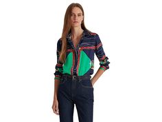 LAUREN Ralph Lauren Print Twill Shirt - Women's Clothing : Navy/Green Multi : Get a coastal feel by wearing LAUREN Ralph Lauren Print Twill Shirt. Relaxed fit. Point collar. Concealed buttoned placket. Long sleeves with buttoned barrel cuffs. Season's nautical-inspired motif prints. Gold-tone lrl-engraved buttons at the collar and cuffs. Back yoke. Shirttail hem. Intended to hit at the hip. 100% polyester. Machine wash. Imported. Twill Shirt, Ralph Lauren Purple Label, Jumper Shirt, Ralph Lauren Womens, Golf Outfit, Navy And Green, Casual Sweatshirt, Denim Shop, Lauren Ralph Lauren