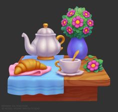 a table topped with a vase filled with flowers next to a tea pot