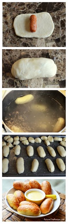 the process for making bread is shown in three different stages, including buns and doughnuts