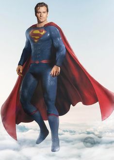 a man in a superman suit is flying through the air with his hands on his hips