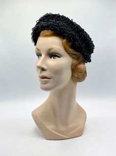 "* Formal pillbox hat c 1950s * Short crown and brim * Black wool felt is embellished with all-over black seed bead loops * Indentation mid-way down features a black grosgrain ribbon hat band * Black grosgrain ribbon sweat band * Unlined Label: Orbach's Oval Room Excellent condition Height: 2\" Brim: 1 1/2\" Inside Circumference: 21 1/4\" Please view my Shop Policies prior to placing an order as all sales are final: http://www.etsy.com/shop/ranchqueenvintage/policy ❤ Note to my dear internationa Vintage Adjustable Costume Hats With Structured Crown, Vintage Adjustable Fascinator With Structured Crown, Vintage Mini Hats With Structured Crown For Evening, Vintage Mini Hat Headband For Vintage Events, Vintage Structured Crown Mini Hats For Evening, Vintage Evening Hat With Structured Crown, Vintage Black Hat Headpiece, Vintage Adjustable Headpieces For Evening, Adjustable Vintage Headpieces For Evening