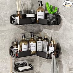 two black bathroom shelves with soap, lotion and hand sanitizers on them