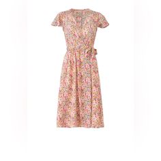 A Colorful Floral Print And Flutter Cap Sleeves Accentuate The Feminine Silhouette Of This Pretty Rebecca Taylor Wrap Dress. Pink Printed Cotton (80% Silk, 20% Cotton). Wrap. Cap Sleeves. V-Neckline. Partially Lined. 42" From Shoulder To Hemline. Imported. Never Been Worn! Size 6. Pink Ditsy Floral Print Knee-length Dress, Pink Knee-length Ditsy Floral Dress, Pink Ditsy Floral Knee-length Dress, Pink Floral Short Sleeve Dress For Daywear, Pink Short Sleeve Floral Dress For Daywear, Feminine Silhouette, Rebecca Taylor, Dress Pink, Printed Cotton