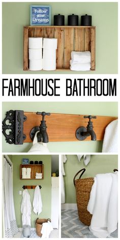 the bathroom is decorated in green and white with wood shelves, towel racks, and towels