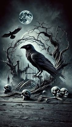 a black crow sitting on top of a pile of skulls in front of a full moon