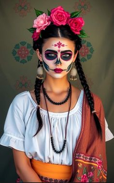 a woman with face paint and flowers in her hair