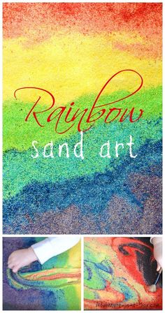 the words rainbow sand art written in red, yellow and green on top of an image of