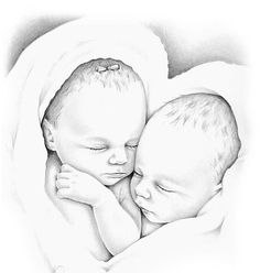 a black and white drawing of two babies wrapped in blankets, one is holding the baby's head