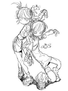 a drawing of two children playing with each other