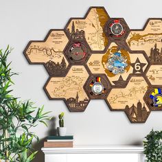 a wooden hexagonal wall hanging with hogwart's map