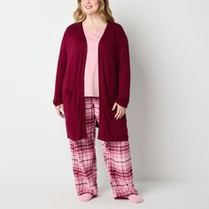 For added coziness at night or while lounging at home, add this Liz Claiborne women's plus pajama cardigan to your collection. This long slinky cardigan is made from a super-soft stretch-knit with an open front and slip pockets. Wear it over your favorite PJ set from the brand. Closure Type: Open FrontPockets: 2 Front Slip PocketsSleeve Length: Long SleeveApparel Length: 36 InchesFiber Content: 97% Rayon, 3% SpandexFabric Description: Rib KnitCare: Tumble Dry, Machine WashCountry of Origin: Impo Pajama Cardigan, Pajama Top, Long Sleeve Pyjamas, Pj Sets, Liz Claiborne, Cardigans For Women, At Night, Pajamas, Product Description