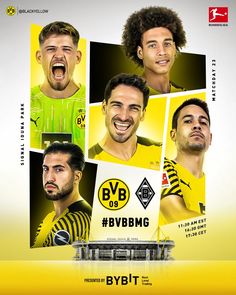 a group of men standing next to each other in front of a yellow background with the words bbv bvb on it