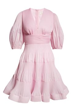 Inspired by snapshots of dance halls from the '50s, this pleated minidress showcases voluminous sleeves and a tiered skirt lifted by a layer of crinoline. 36" length (size 2/8US) Hidden back-zip closure Deep V-neck with button-and-loop closure Elbow-length sleeves with elastic cuffs Lined except sleeves 100% polyester Dry clean Imported Designer Clothing Dress With Pleated Waist, Voluminous Tiered Skirt, Fitted Pleated Tiered Mini Dress, Elegant Daywear Mini Dress With Tiered Skirt, Elegant Tiered Skirt Mini Dress For Daywear, Elegant Mini Dress With Tiered Skirt For Daywear, Pleated Voluminous Tiered Skirt Dresses, Voluminous Mini Dress With Ruffles For Spring, Fitted Dress With Pleated Waist And Tiered Skirt, Spring Mini Dress With Ruffles And Flowy Fit